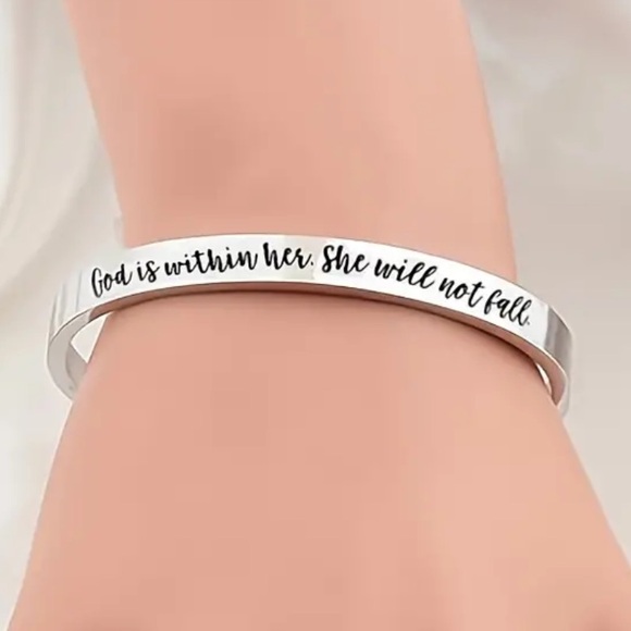 NEW•STAINLESS STEEL BANGLE•”God is within her, she will not fall” CUFF - Picture 2 of 10